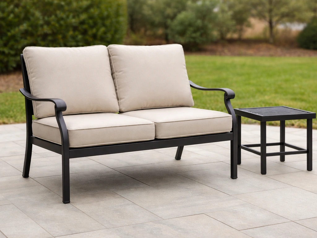 Powder-coated steel patio loveseat and side table on a quiet stone patio, natural light, minimal backdrop.