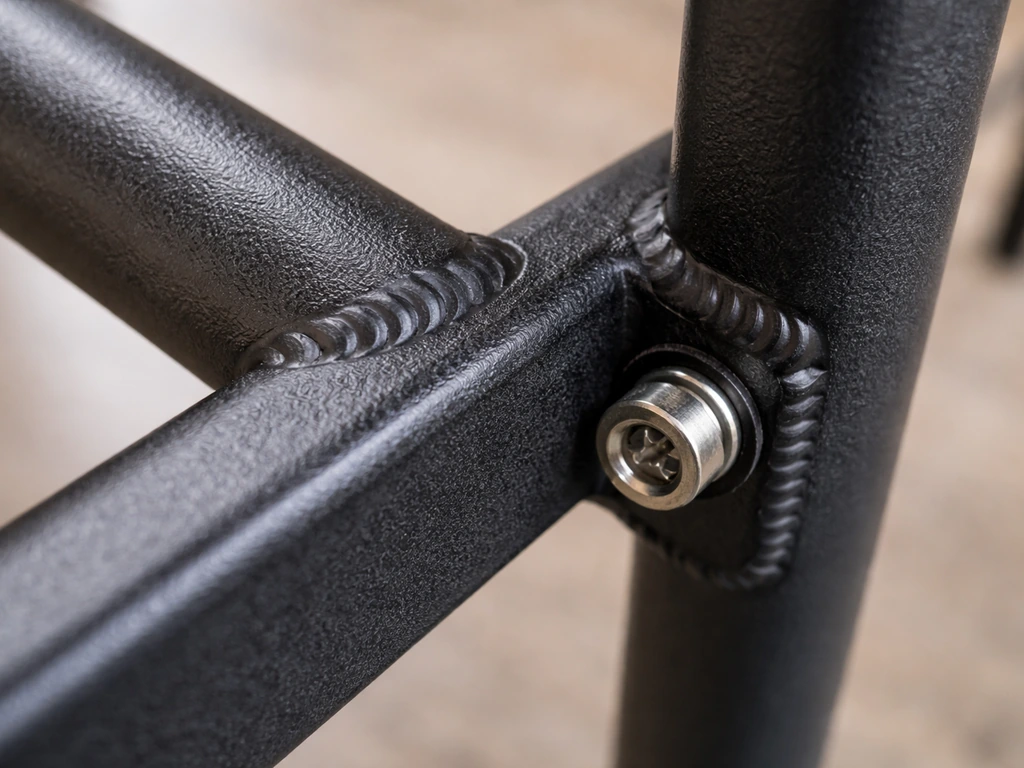 Macro close-up of powder-coated steel chair frame joints, visible welds and hardware for durability.