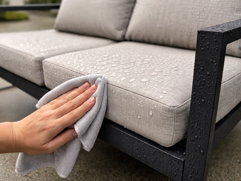 Outdoor metal patio frame and UV-resistant cushions after light rain, with water beading and a damp cloth wipe.