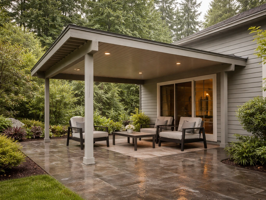Finished Timberline-style patio cover over an outdoor seating area in a Seattle-like rain-ready setting.