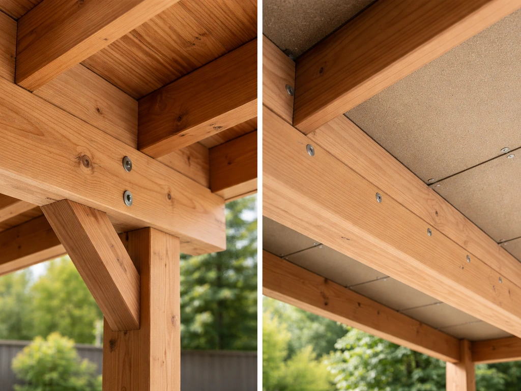Side-by-side closeups of patio cover framing joints and roof decking fasteners showing construction quality.