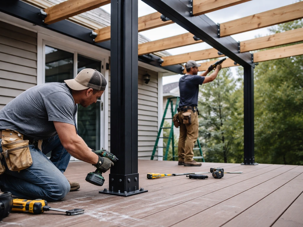 Construction crew installing patio cover posts, rails, and roof framing on a deck with tools visible.