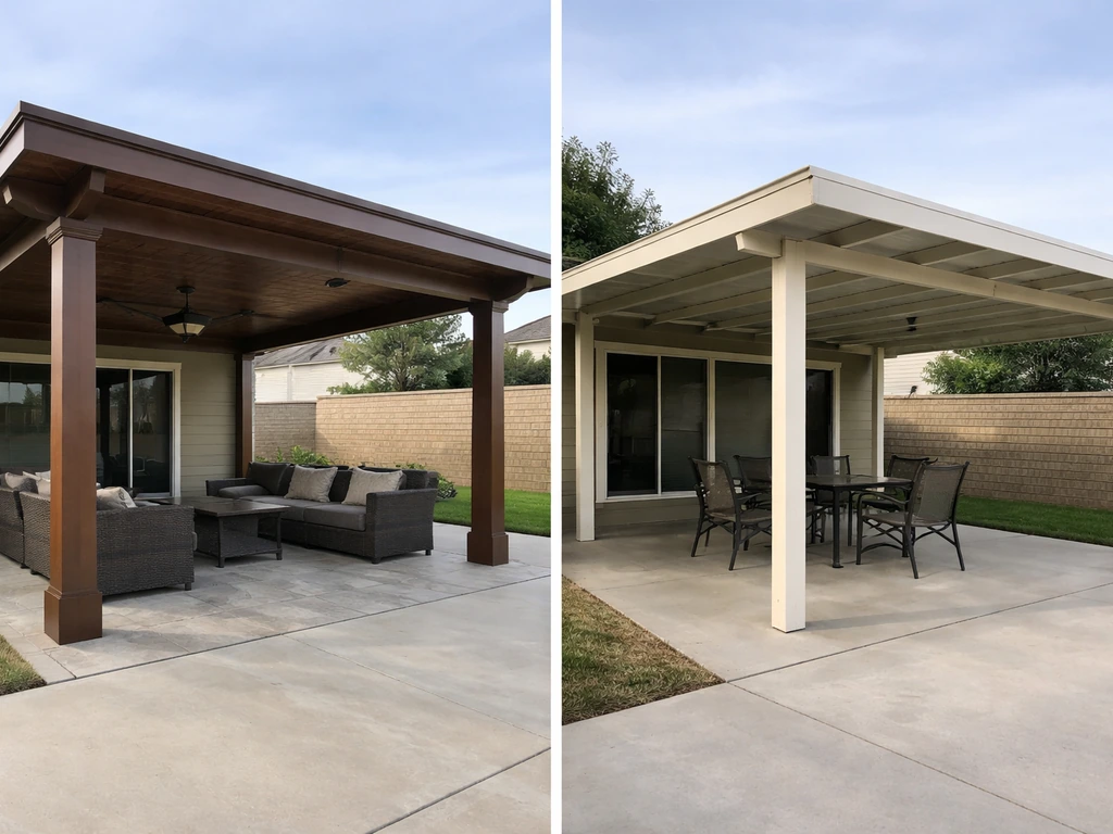 Two side-by-side patio covers showing premium craftsmanship versus a simpler lower-cost option