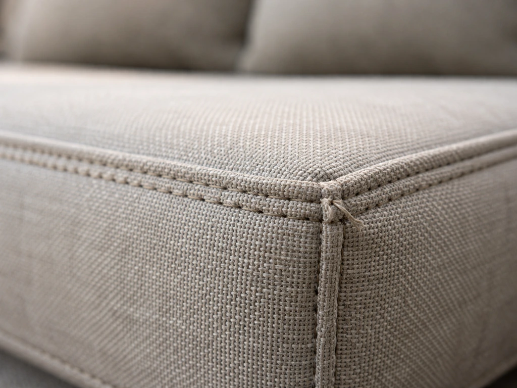 Close-up of outdoor performance cushion fabric texture and neat stitched seam.