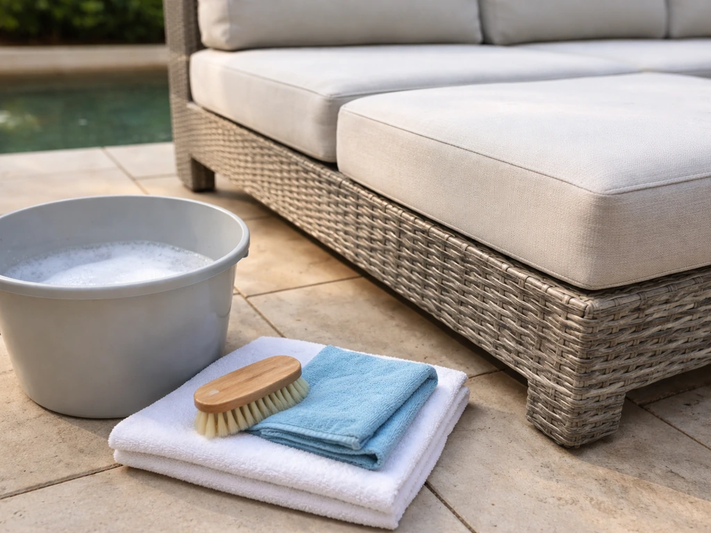 Mild soap, water, brush, and cloth laid out beside a cleaned outdoor furniture frame and cushion