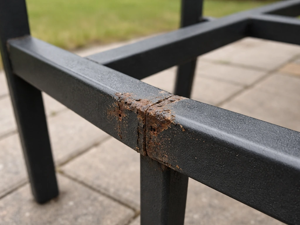 Outdoor patio frame of powder-coated iron showing rust and worn paint at joints