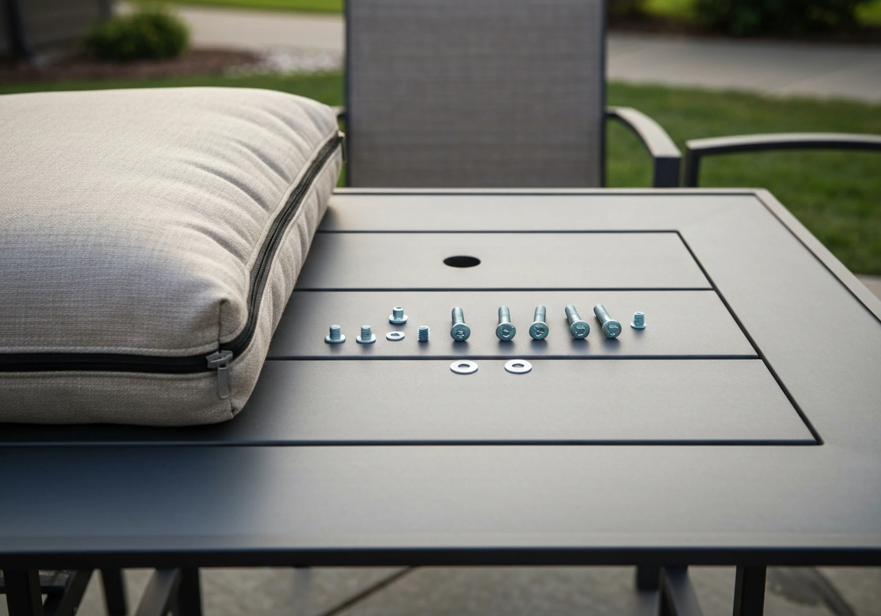 Patio furniture assembly scene with scattered hardware and an assortment of mismatched bolts on a patio table