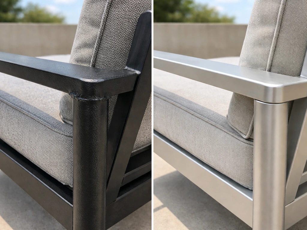 Two patio furniture frames side-by-side on a simple outdoor patio surface, showing different materials and finishes.