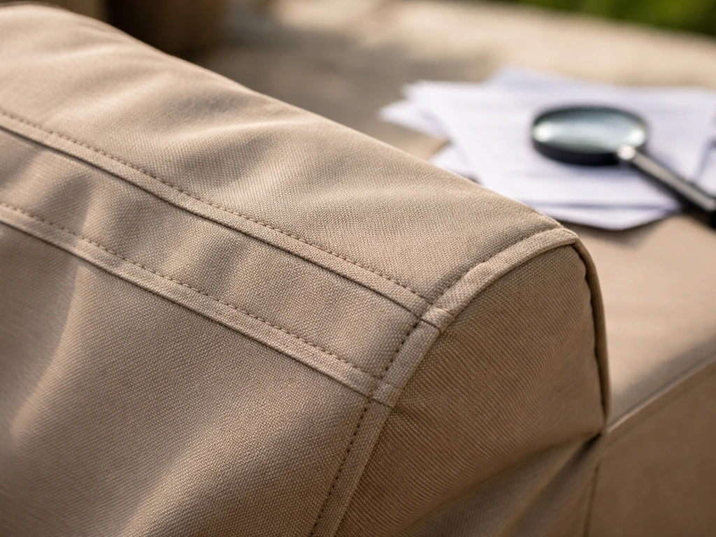 Close-up of patio cover fabric with a magnifying glass and blank review pages nearby.