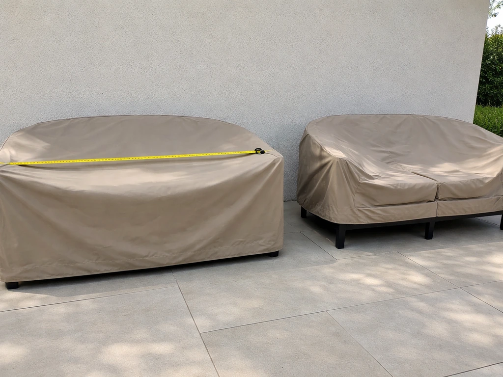 Outdoor sofa with a tape measure showing correct cover fit next to a too-short, billowing cover.