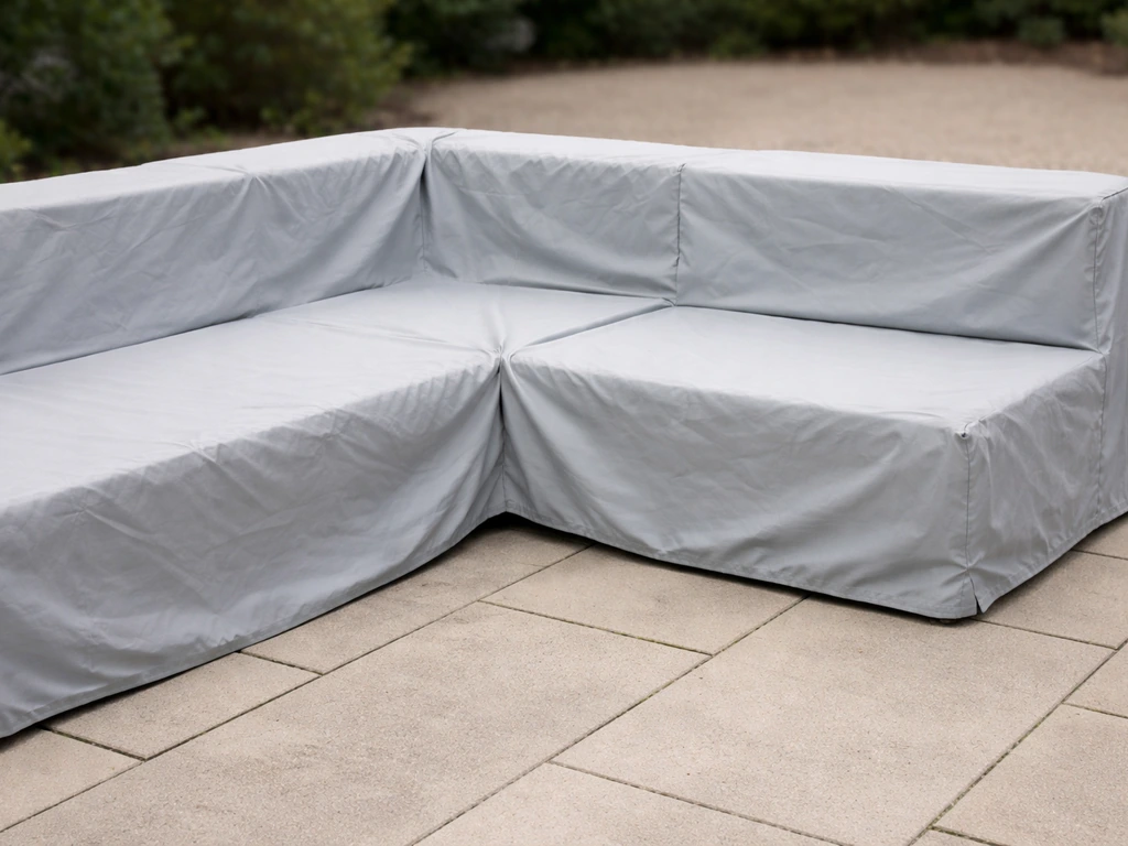 Outdoor L-shaped sectional with a fitted cover showing looseness at corner and end sections