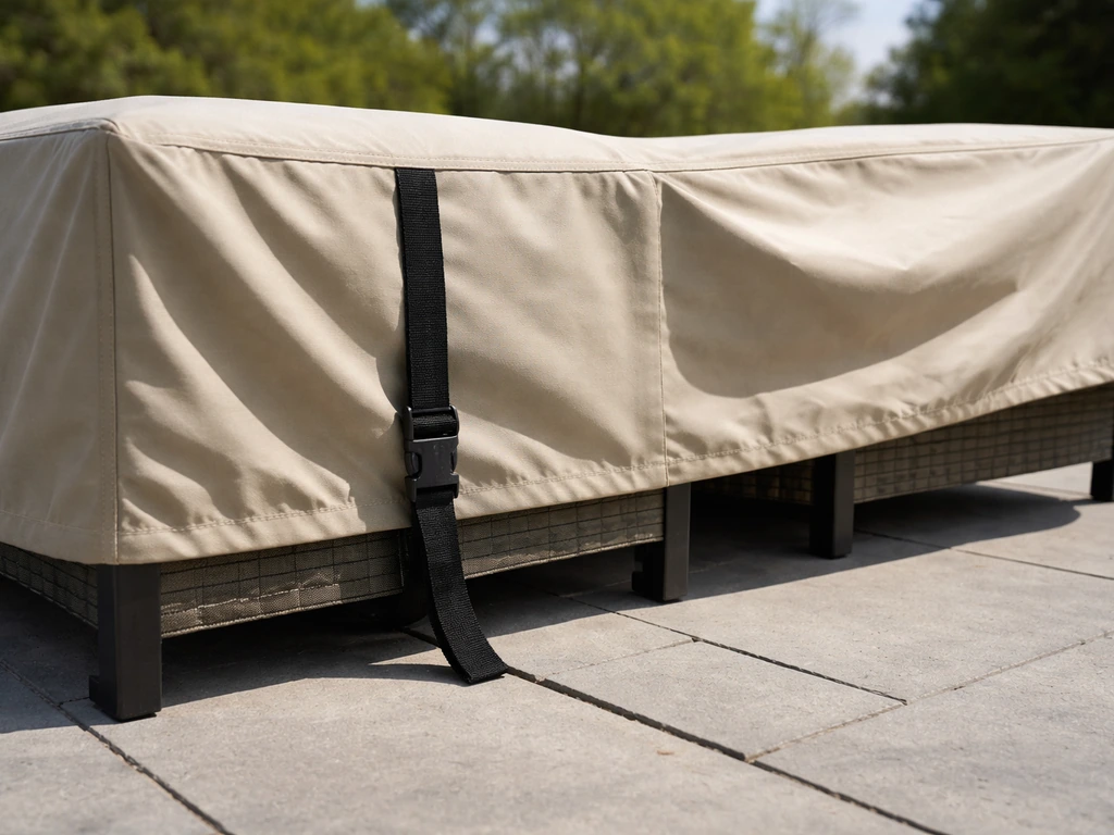 Patio cover with tie-down straps: one tight, one area slightly lifted to show wind resistance.