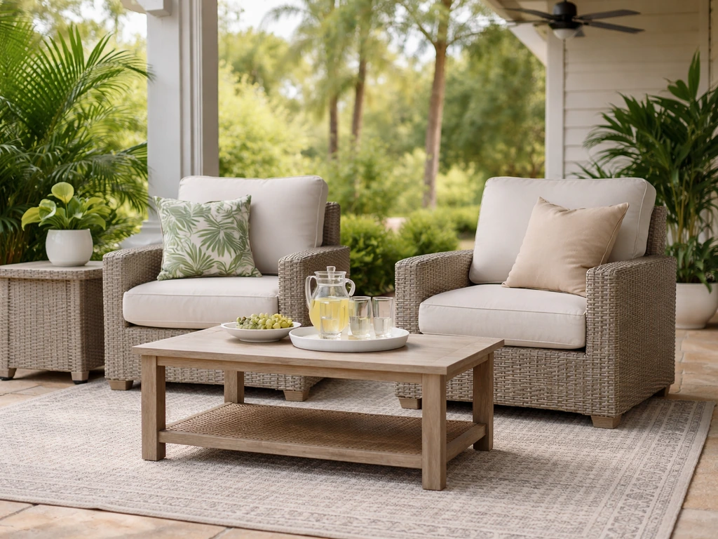 Cozy outdoor porch seating with cushioned chairs and a low coffee table in warm daylight.