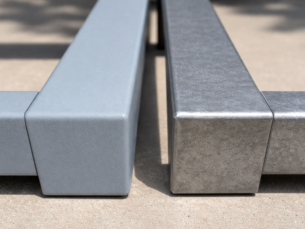 Close-up of two aluminum frame finish samples showing powder-coat durability vs bare/cheap oxidation texture.