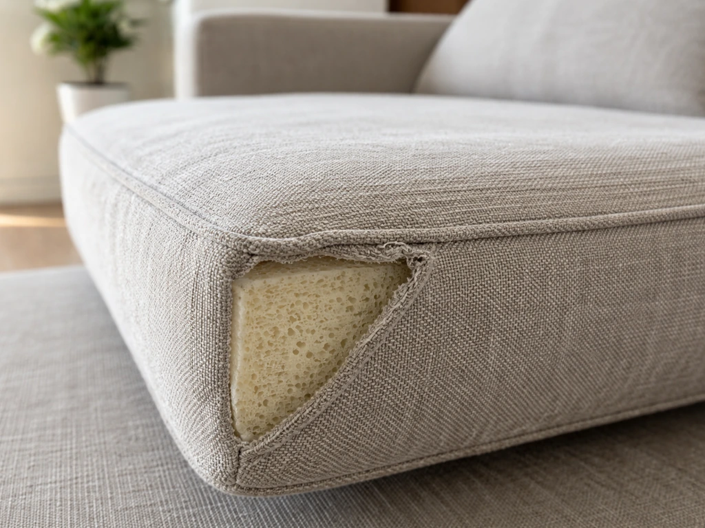 Close-up of a sofa cushion showing foam texture, fabric weave, and subtle UV-wear indicator stitching.