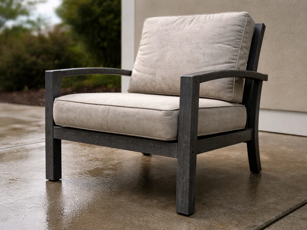 Palm Casual outdoor furniture left outside shows rain streaks, sun fading, and intact aluminum frame