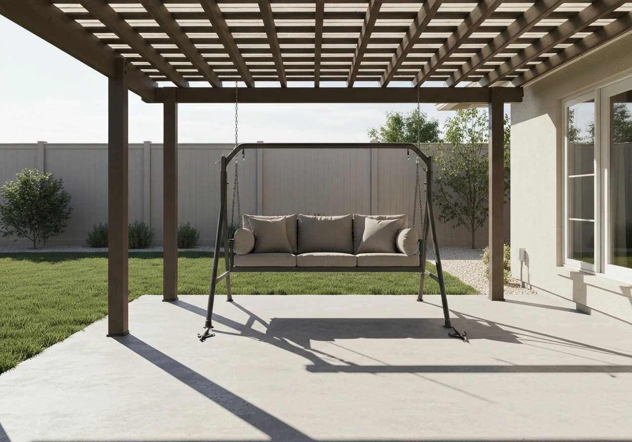 Centered two-person patio swing under a covered patio with clear clearance space and cushioned comfort.