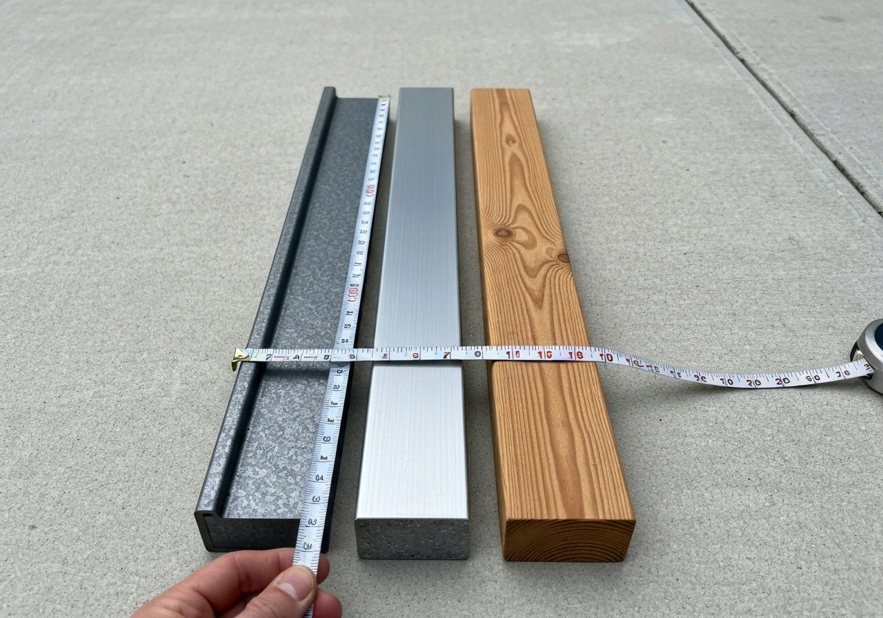 Close-up of three swing frame material segments with a tape measure and hand for scale.