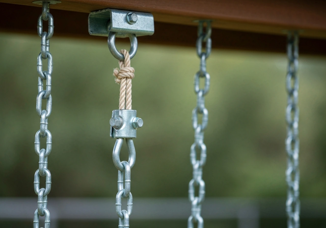 Close-up of galvanized swing chains and hanging bracket showing tension and connection points.
