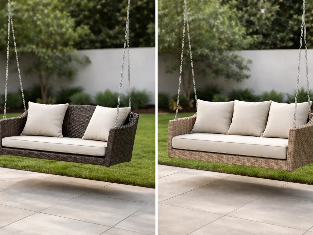 Two patio swings side-by-side: budget wicker hanging swing and premium cushioned hanging swing, in a simple yard setting