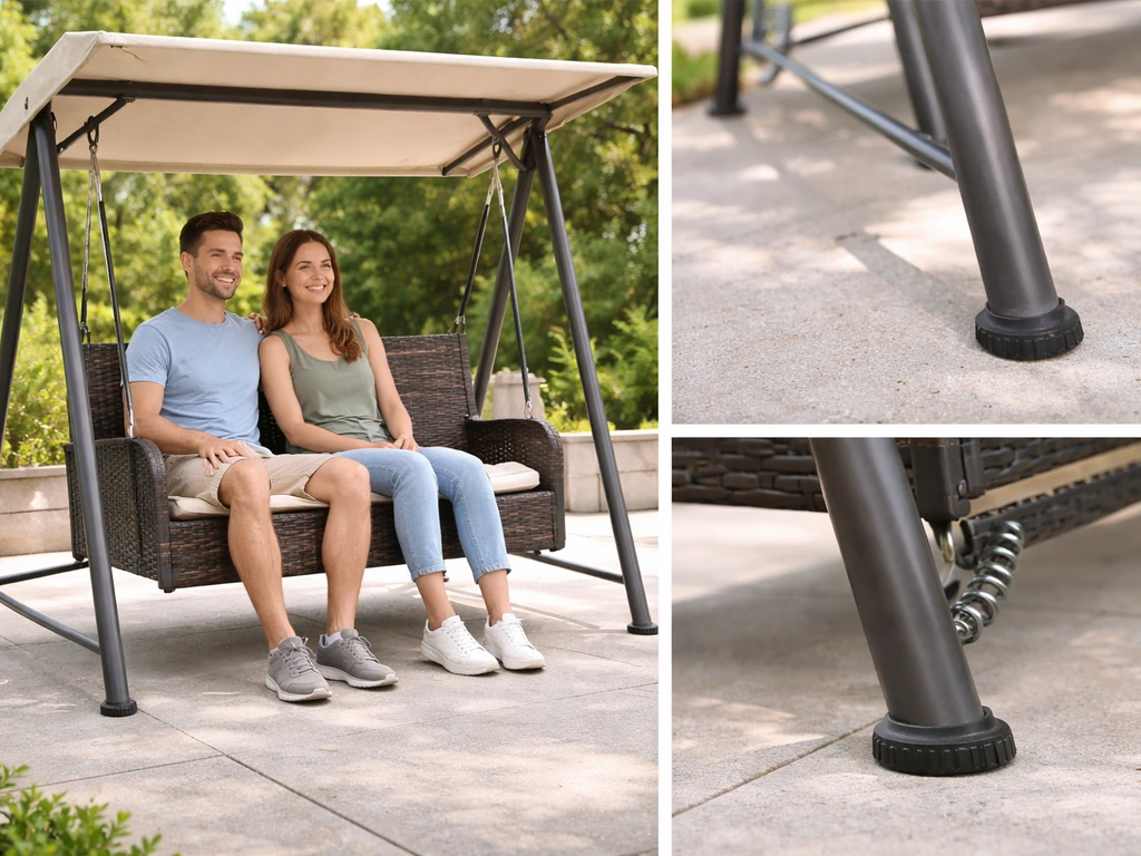 Two adults seated evenly on a patio swing, close view of stable base and non-slip grounding