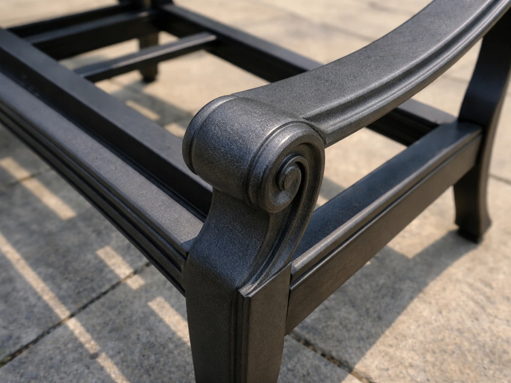 Close-up of cast-aluminum patio furniture frame with a smooth powder-coated finish outdoors.