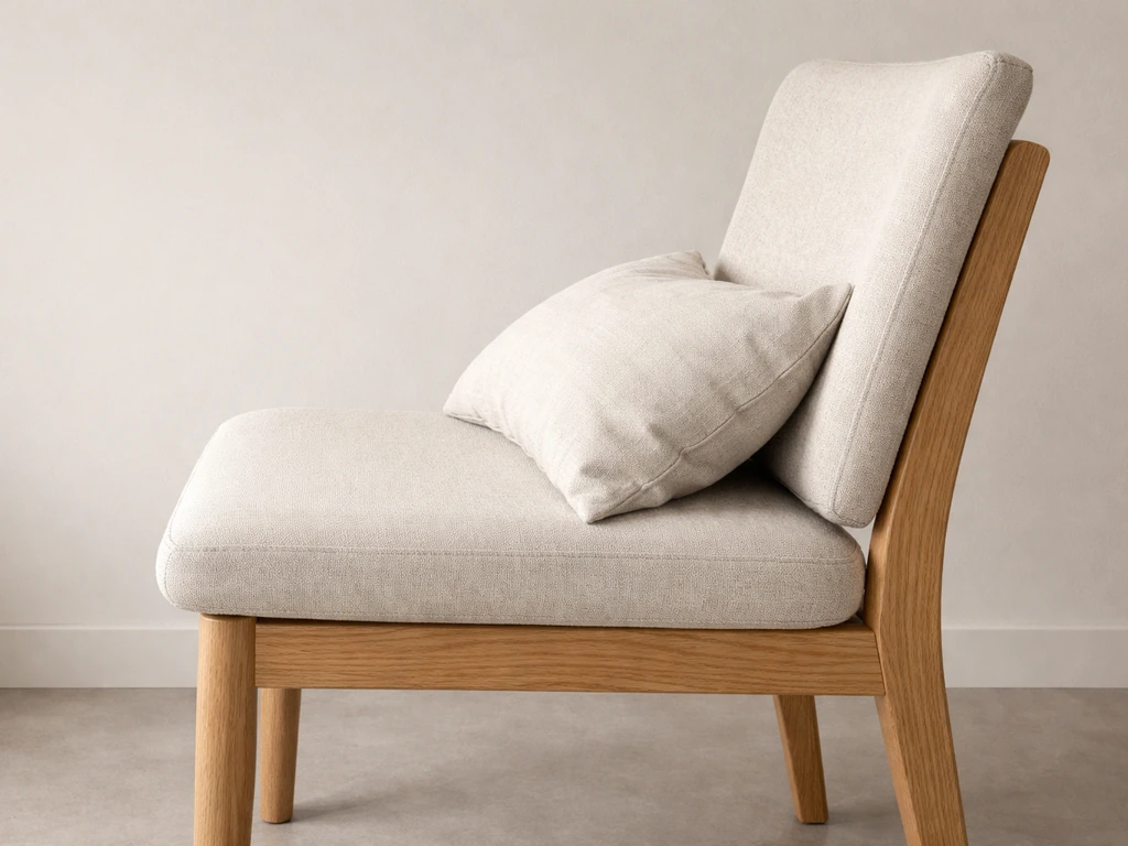 Close-up of a modern dining chair cushion emphasizing deep seating and relaxed posture space