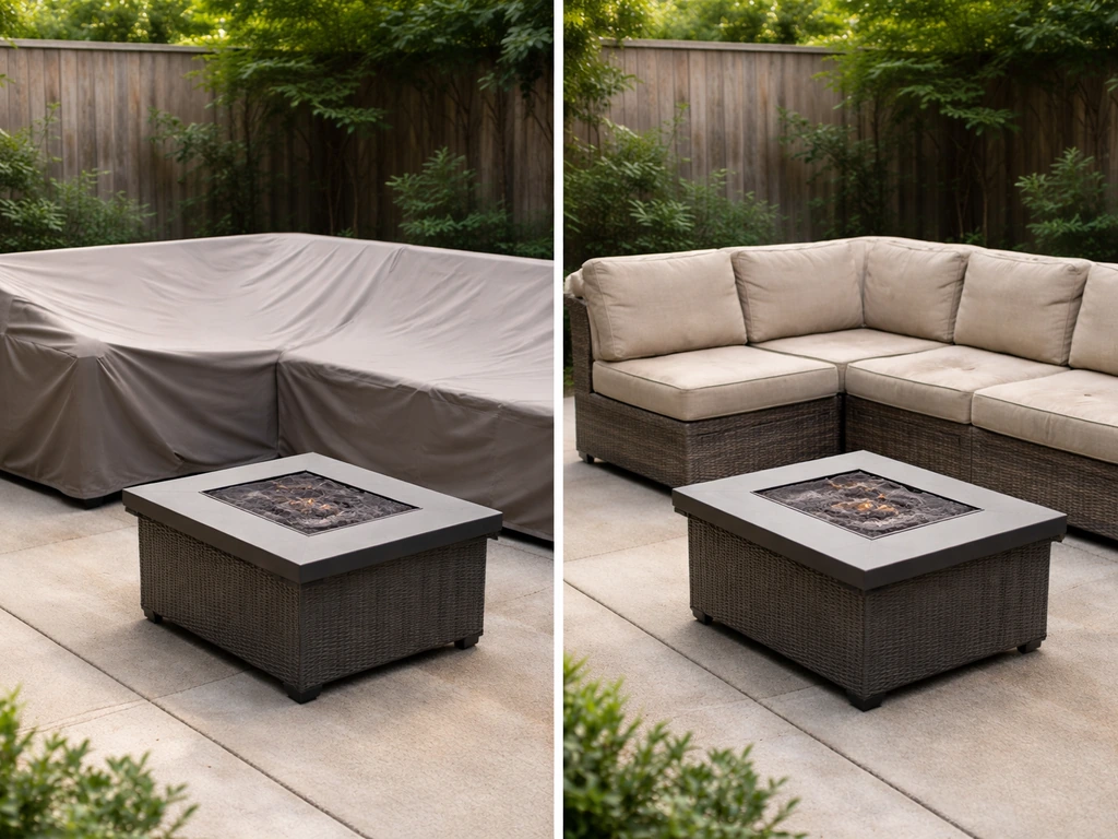 Patio set with cushions partially covered in one spot, uncovered area beside it showing weathering and protection.