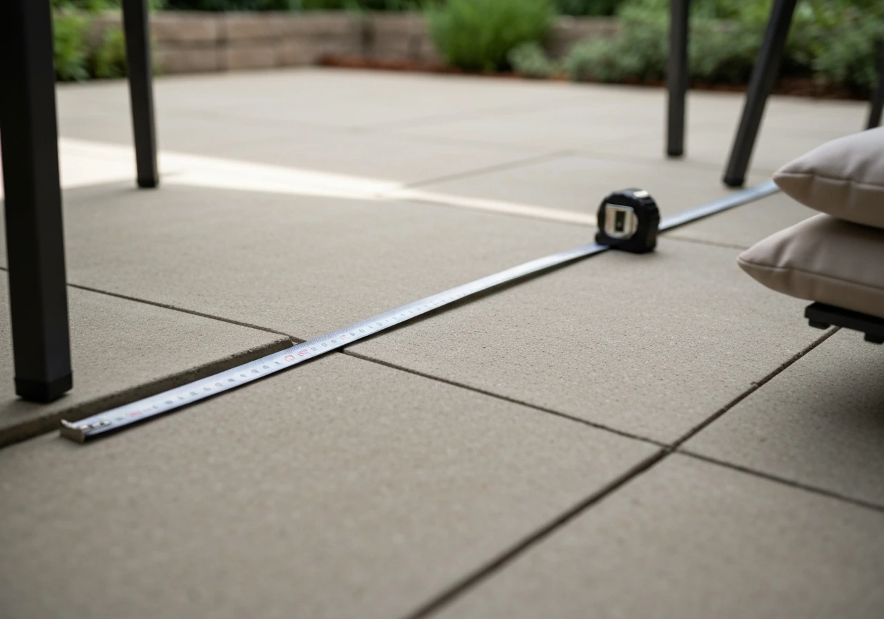 Patio floor with a tape measure stretched along space boundaries to measure for outdoor furniture size