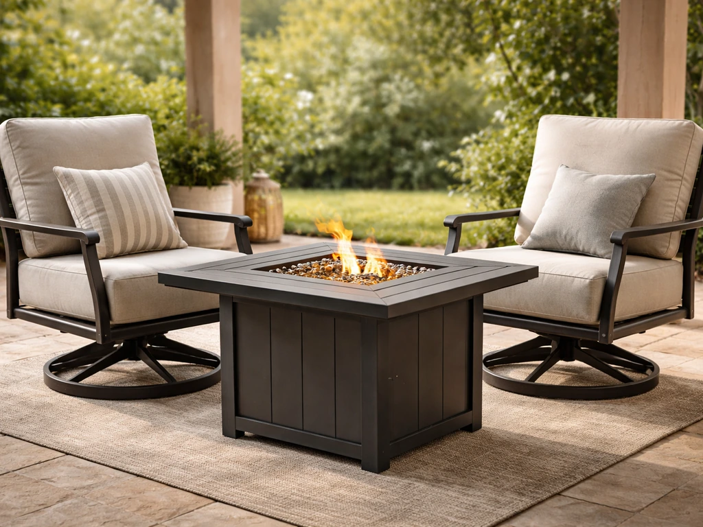 Covered patio with two cushioned swivel chairs and a matching fire pit table, outdoors in natural light.