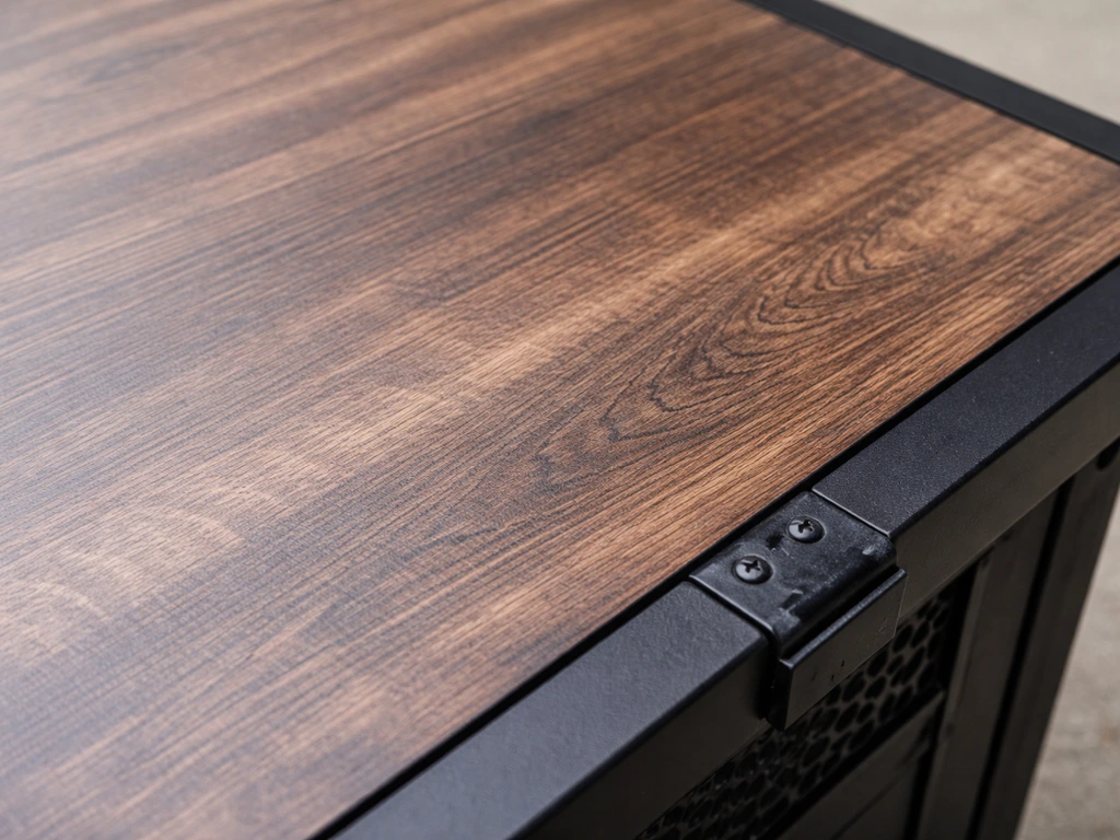Close-up of a fire pit table’s wood-grain steel tabletop with outdoor hinge and fasteners visible.