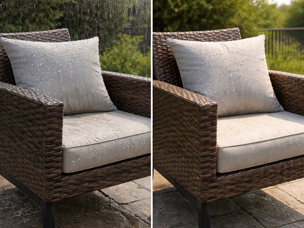 PE rattan outdoor furniture with water beading in light rain and sun, cushions look weather-treated.