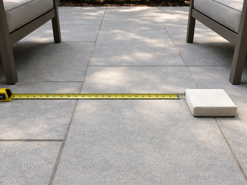 Measuring tape on a patio surface with a small card showing cushion thickness before ordering.