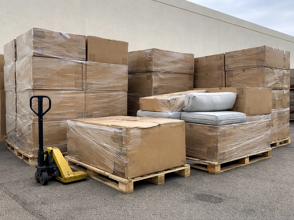 Outdoor patio furniture boxes and pallets with intact and slightly damaged pieces in a warehouse yard.