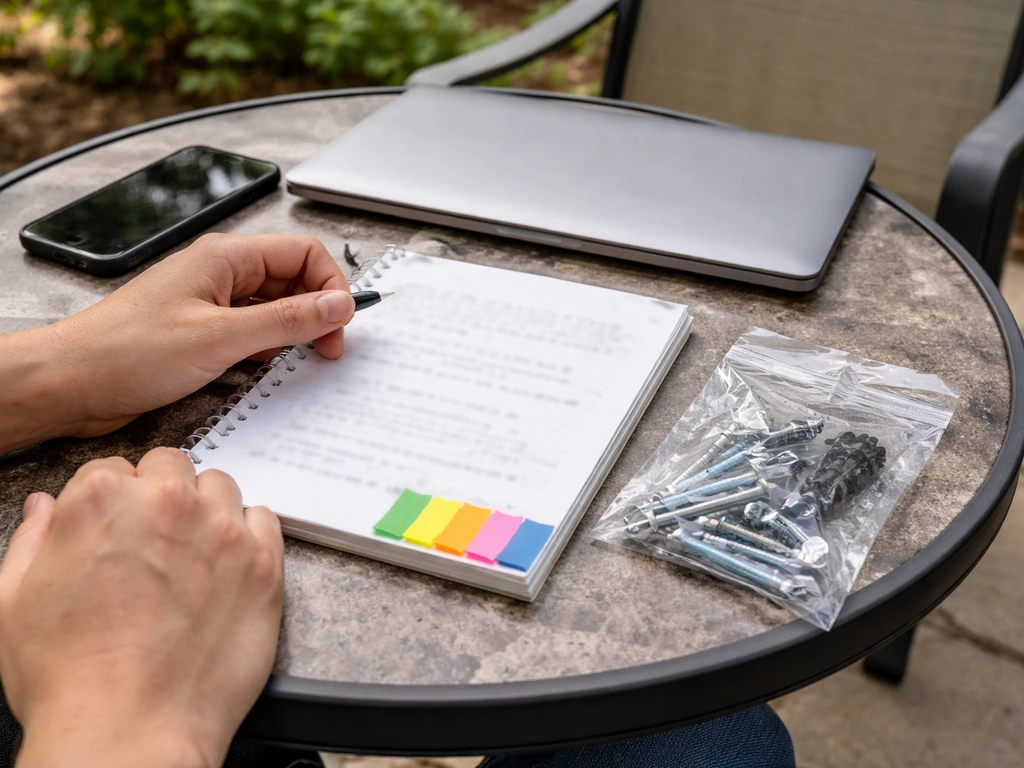 Hands on a patio table reviewing blurred furniture reviews on a phone and laptop with checklist cues.