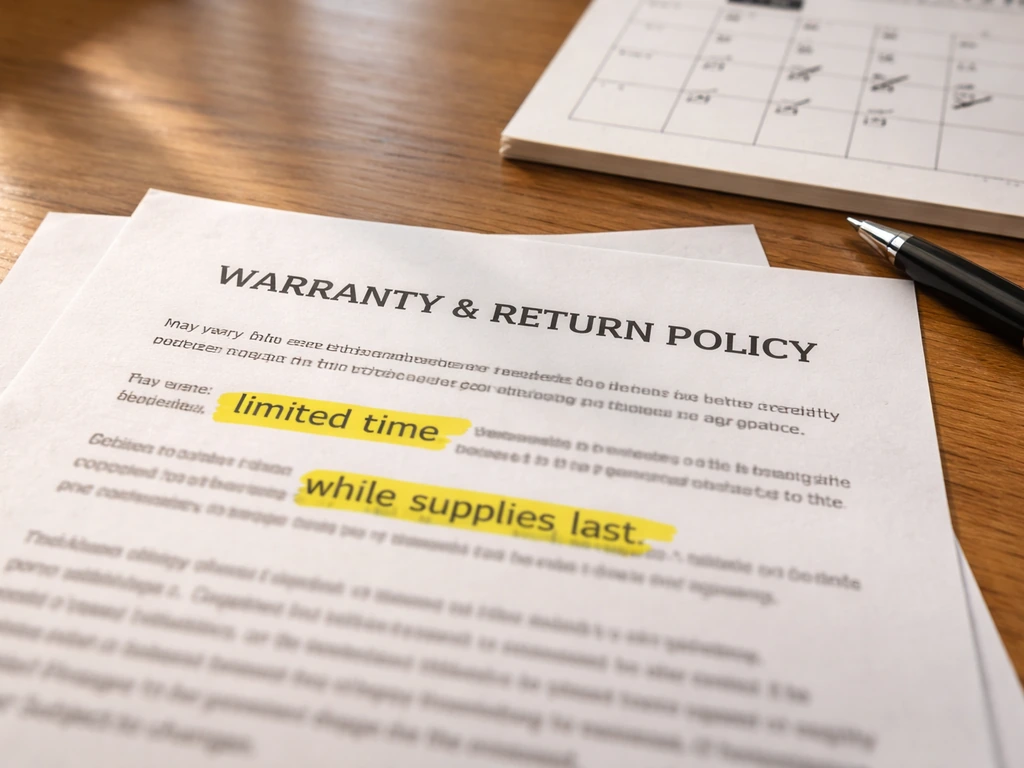 Close-up of printed warranty and return terms beside a simple calendar with checkbox sheet, highlighting vague phrases