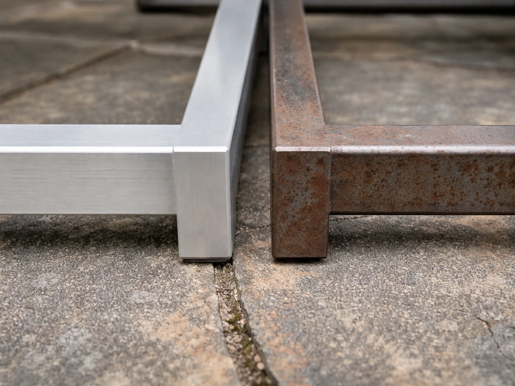Side-by-side aluminum and steel patio frame samples showing clean aluminum and rusted steel.