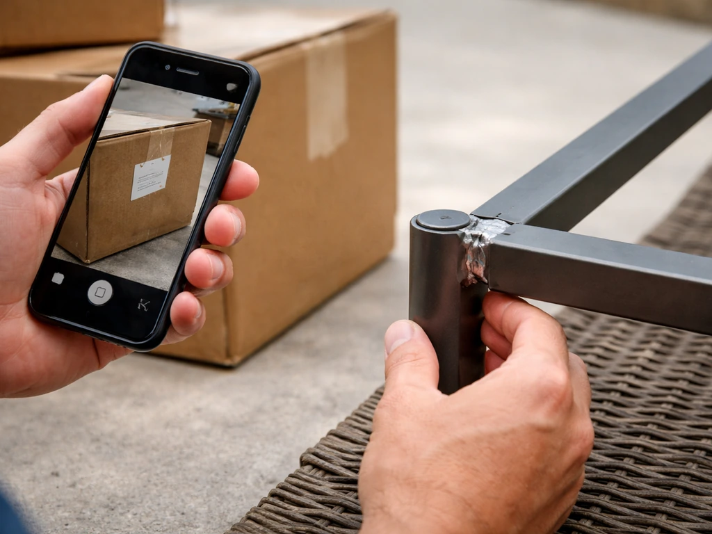 Person using a smartphone to photograph patio furniture tag, checking legs and weld points on unpacked box.