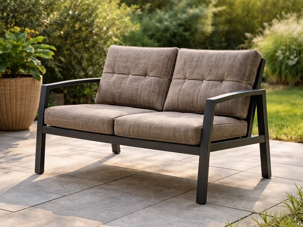 Outdoor patio scene showing an aluminum-frame patio loveseat with textilene cushions in natural light.