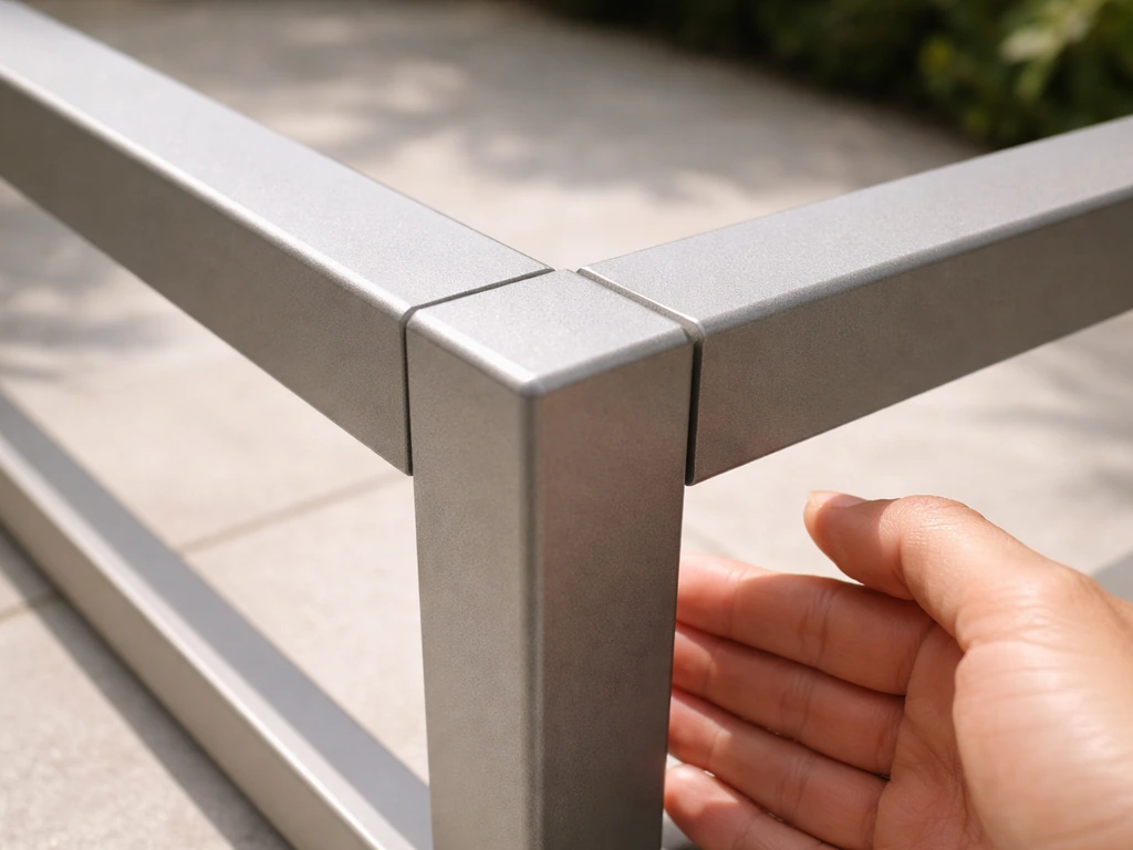 Close-up of rust-proof aluminum patio furniture frame joints and powder-coated finish with patio context