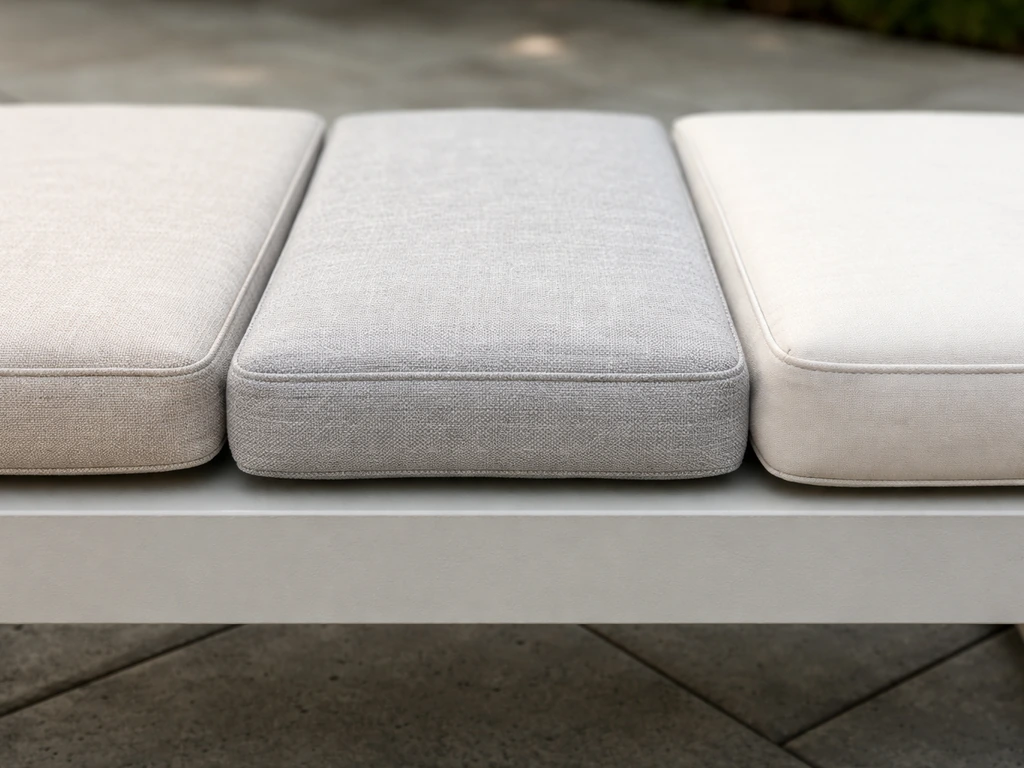 Three dining cushions side-by-side, showing different thicknesses and fabric/foam seam details.