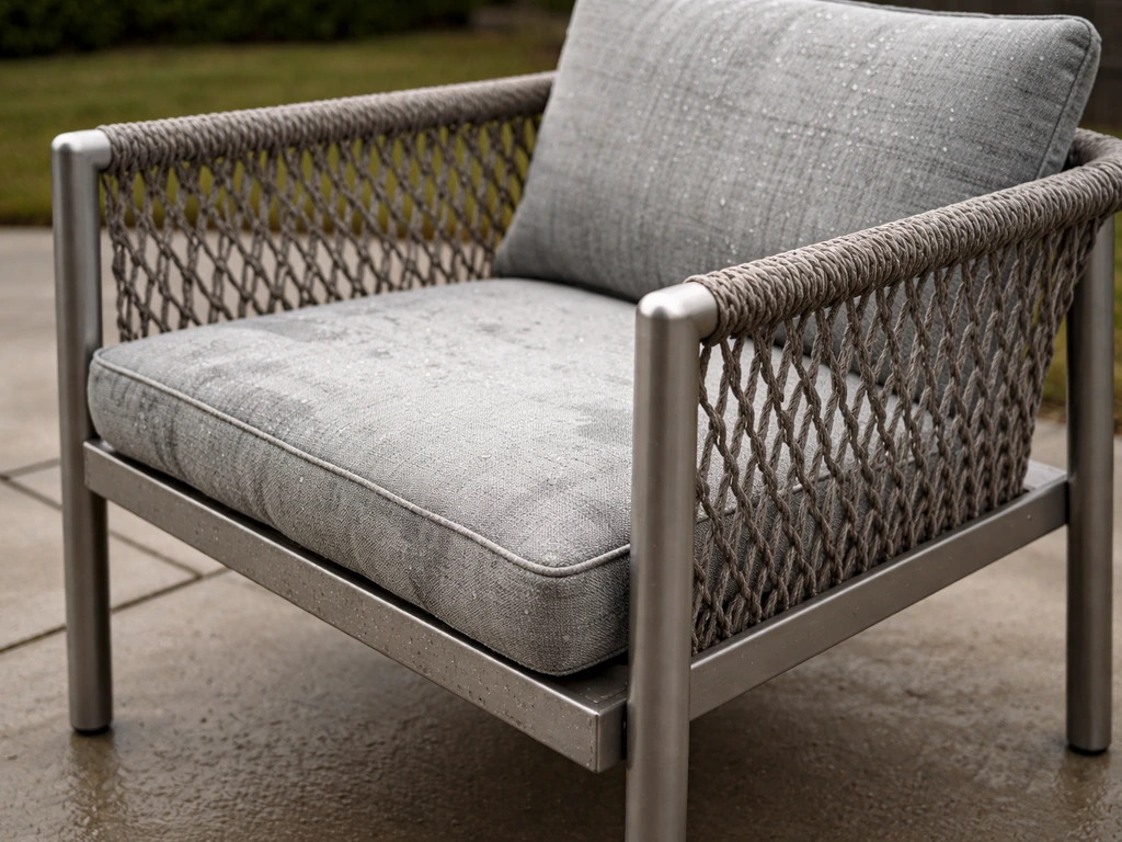 Patio furniture left outdoors in natural weather, showing UV-faded fabric and rust-proof aluminum frame