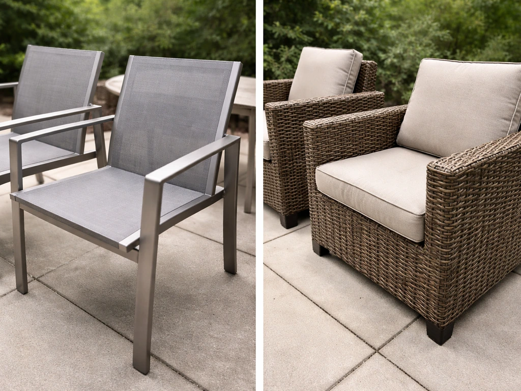 Side-by-side outdoor furniture sets showing aluminum-and-textilene versus wicker-style materials.