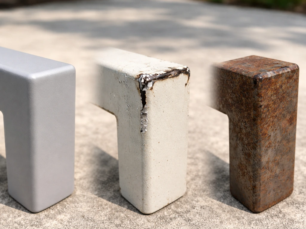 Close-up comparison of outdoor furniture frames showing aluminum finish, chipped paint, and rusted steel.