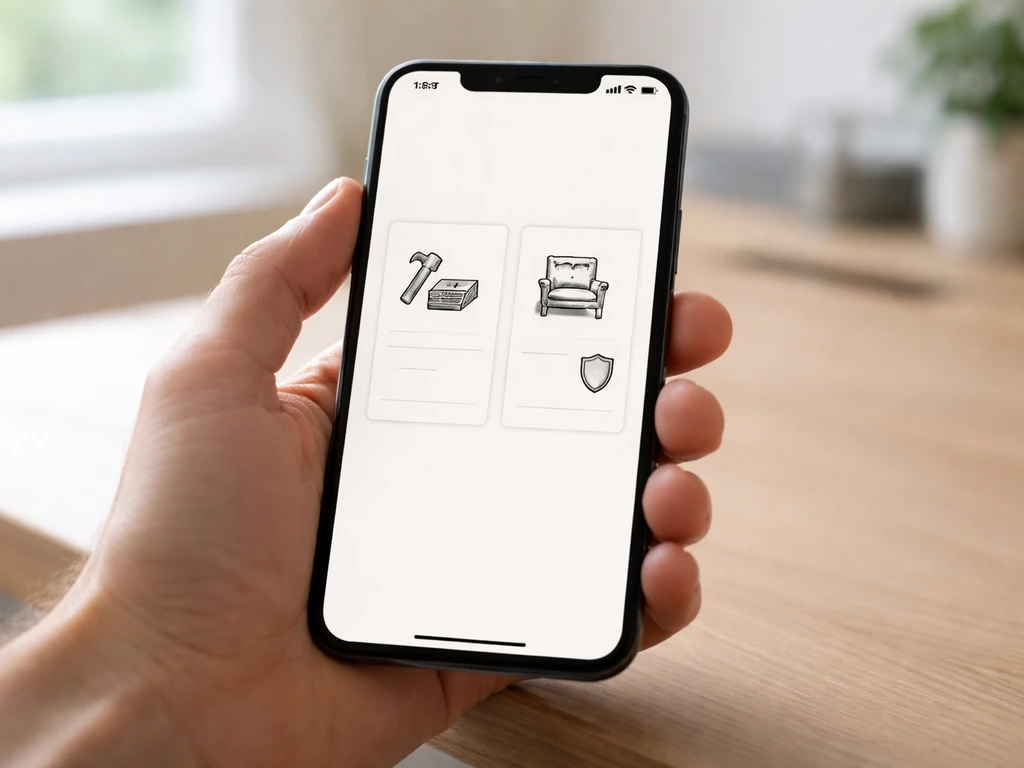 Hand holding a smartphone showing two blank review cards labeled only by icons, representing expert vs user checks.