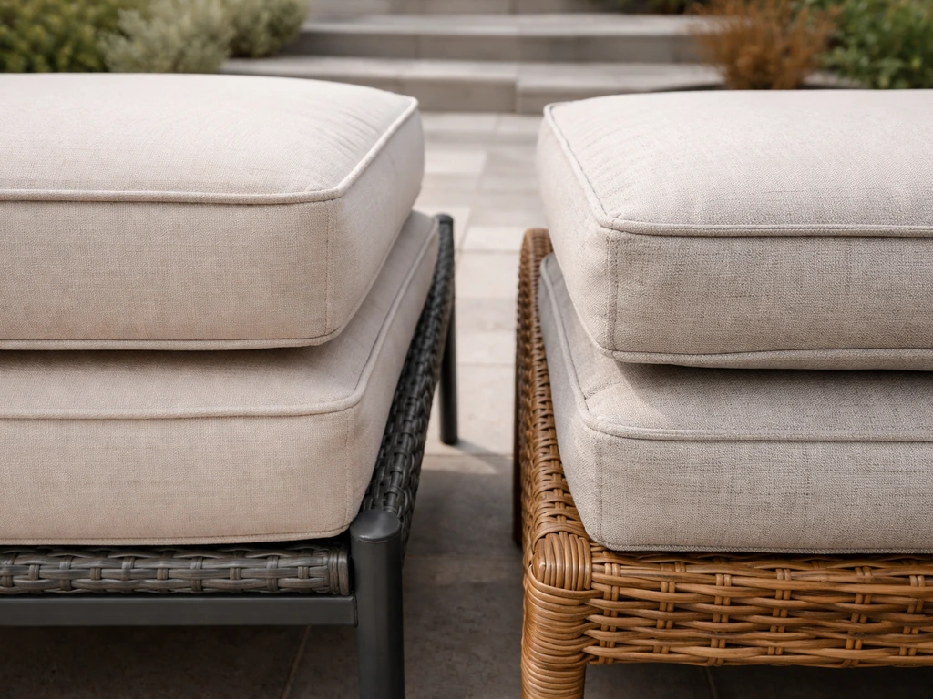 Close-up of outdoor furniture cushions and frames on a simple patio surface, showing premium fabric and sturdy construct