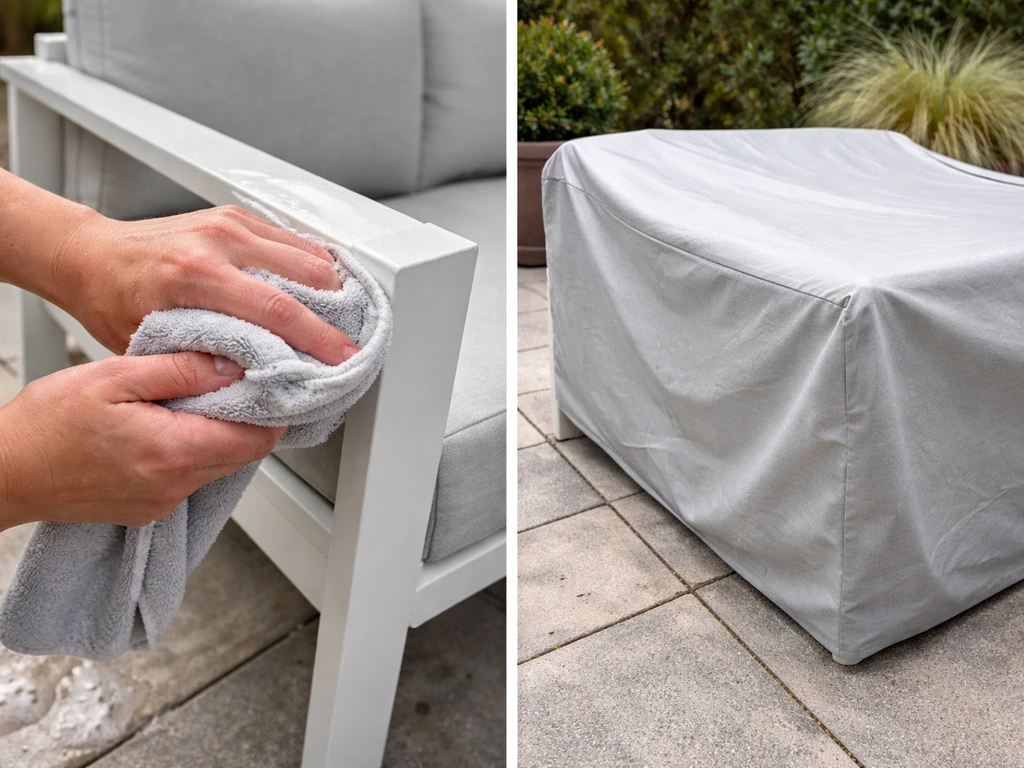 Hands wipe a powder-coated aluminum furniture frame with mild soapy water, then a cover is placed on it.