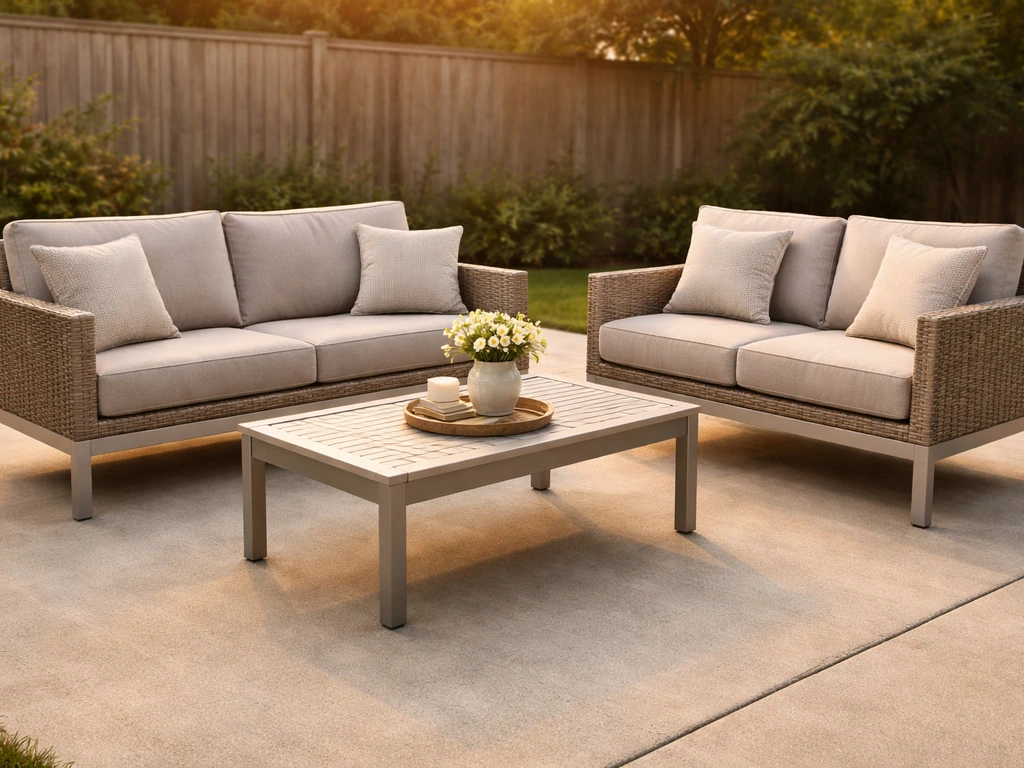 Well-lit patio furniture set with aluminum frame, synthetic wicker, and plush cushions on a real outdoor patio.