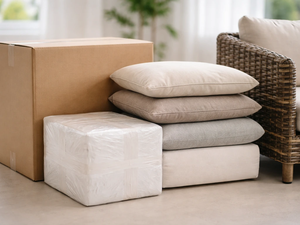 Close-up of patio furniture packaging and cushions in a simple showroom, evoking the Leaders furniture branding idea.