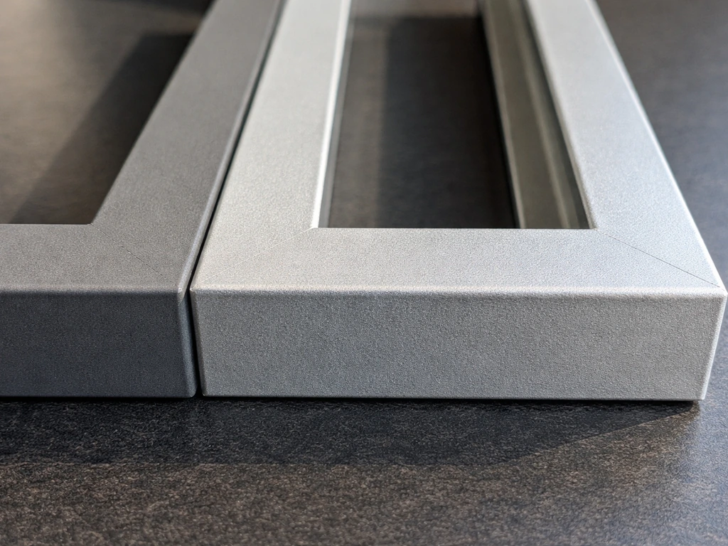 Closeup of two outdoor aluminum frame finishes—powder-coated smooth vs spray-painted slightly uneven texture.